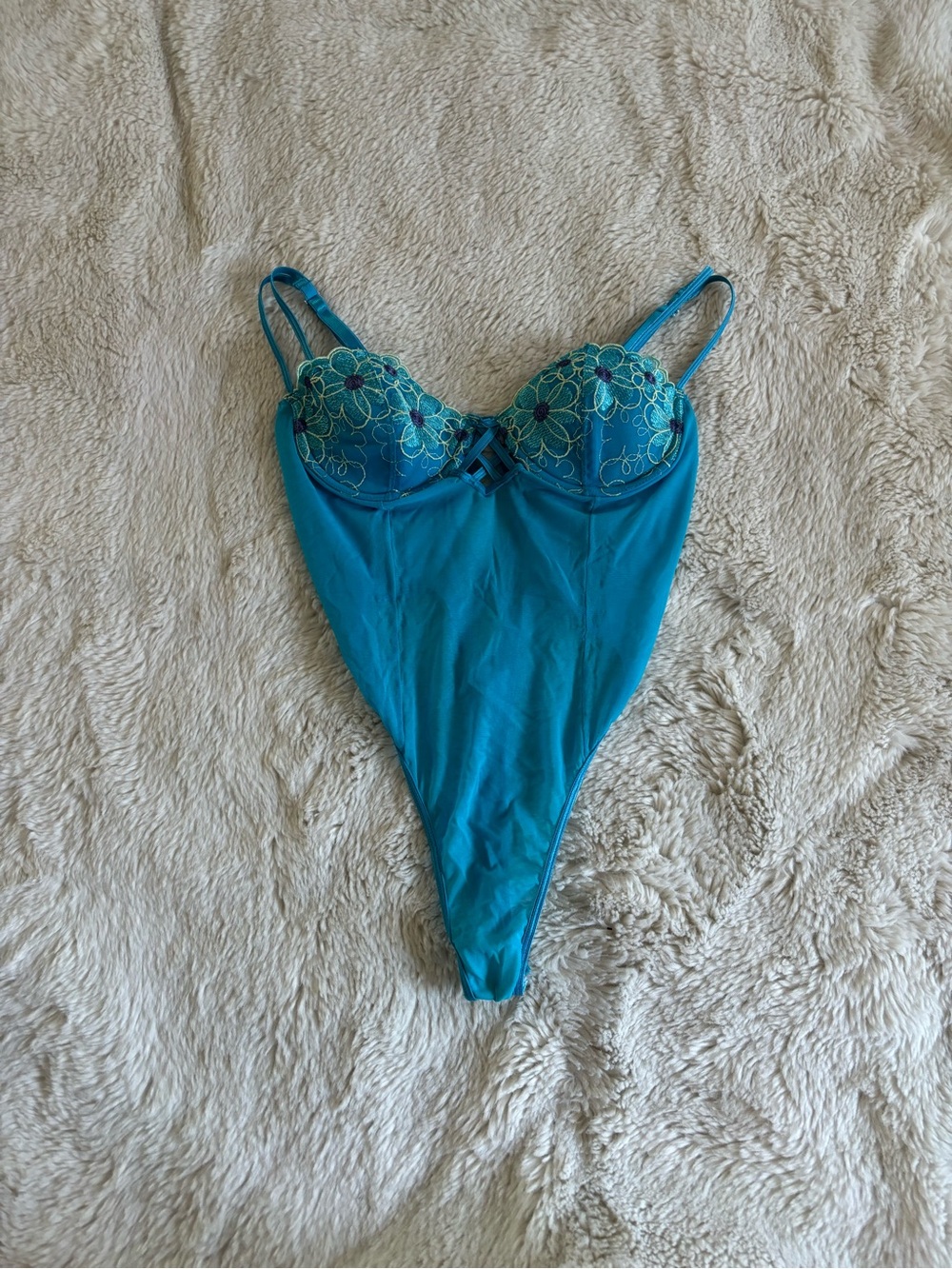 VTG Blue Floral Embroidered Lace and Mesh Teddy Bodysuit